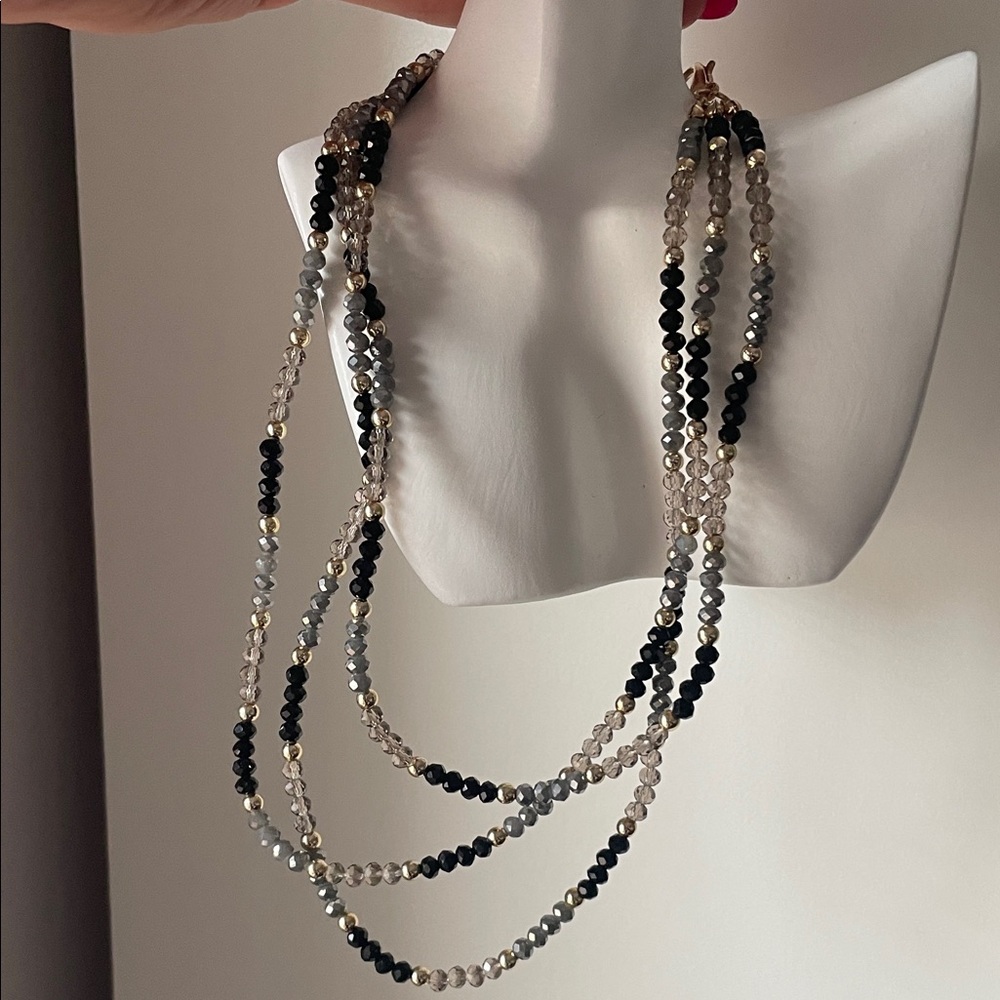 Multi-Strand Black, Gray & Gold Beaded Necklace - Women Jewelry